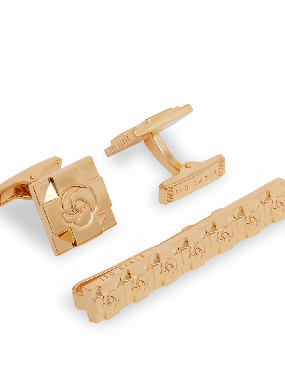 Ted Baker Rose-Embellished Gold Square Cufflinks with Matching Tie Bar